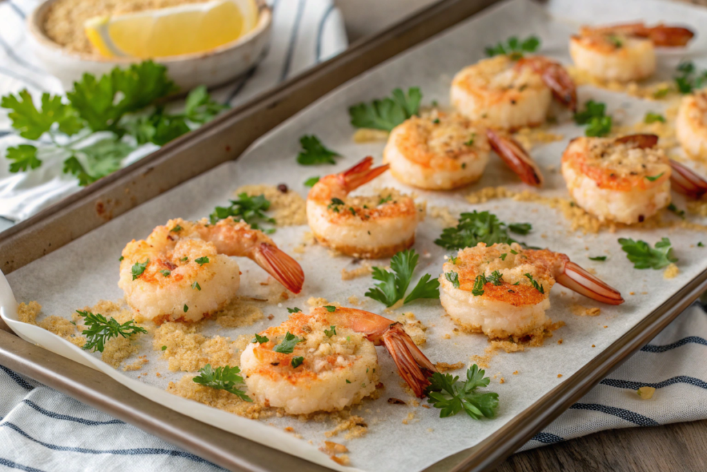 A baking sheet of garlic Parmesan roasted shrimp, golden and crispy, garnished with fresh parsley and served with lemon wedges.







