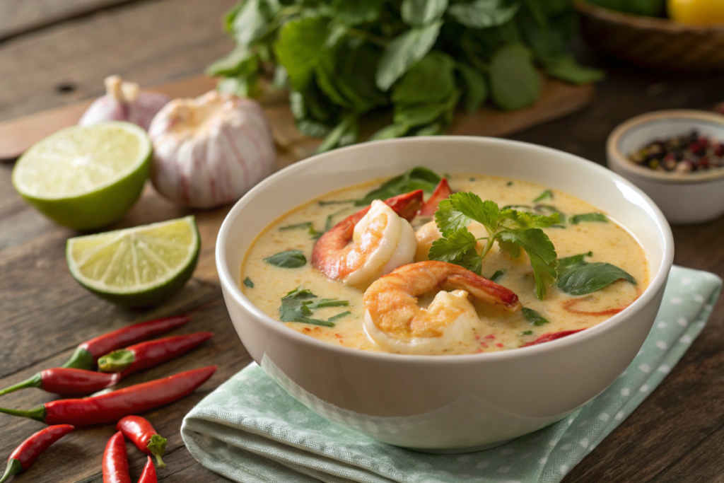 A vibrant bowl of spicy coconut shrimp soup with shrimp, creamy coconut broth, herbs, and lime, served on a wooden table with fresh ingredients nearby.