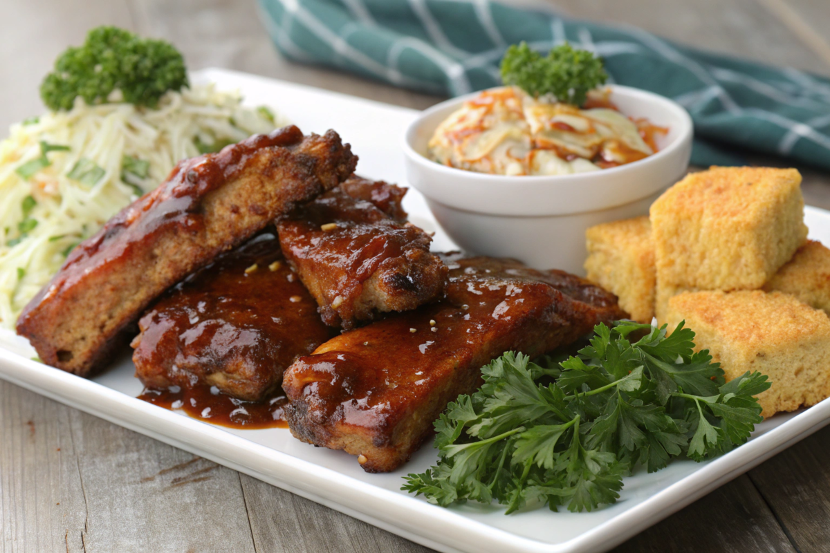 Sticky BBQ chicken ribs coated in tangy sauce, glistening under caramelization, garnished with fresh parsley and served on a rustic platter.