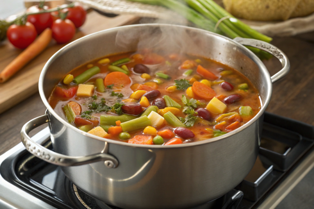 A steaming bowl of vegetable soup filled with vibrant carrots, celery, beans, and tomatoes, garnished with fresh parsley and served with bread.






