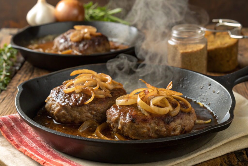 Hamburger Steaks with Onion Gravy served with mashed potatoes and green beans, topped with caramelized onions and rich, savory gravy.






