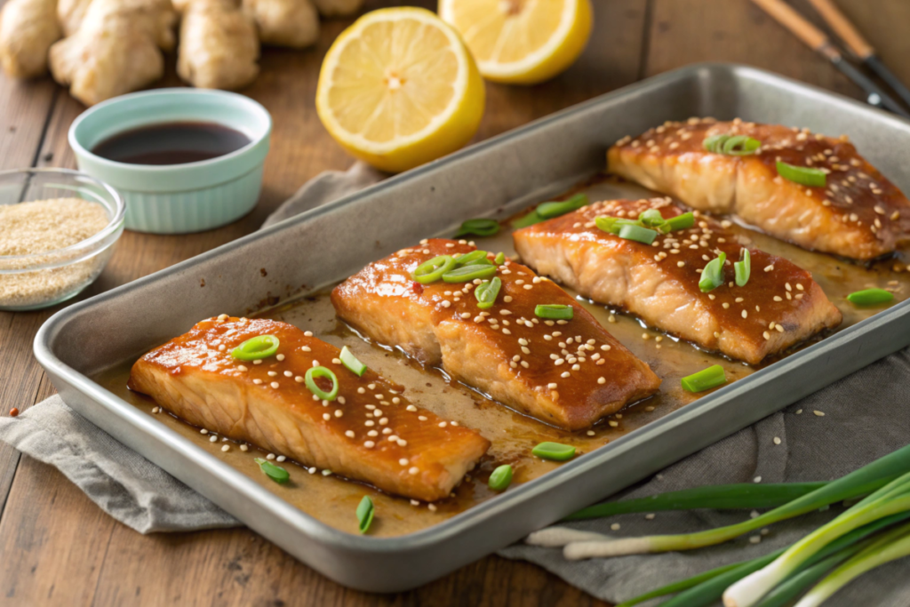 Asian Glazed Baked Fish topped with soy-ginger glaze, sesame seeds, and green onions, served with rice and steamed vegetables.






