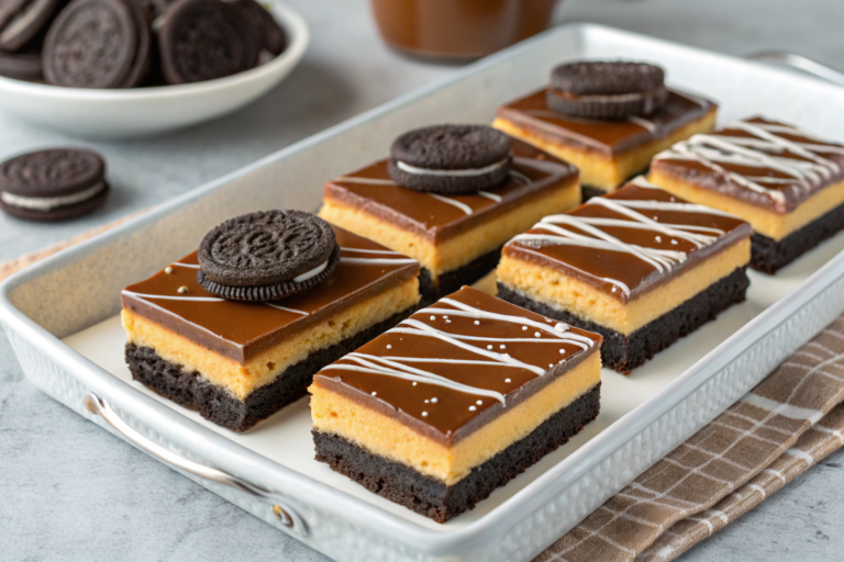 Simple Oreo caramel chocolate bars with a crushed Oreo base, gooey caramel layer, and rich chocolate topping, garnished with a drizzle of white chocolate.