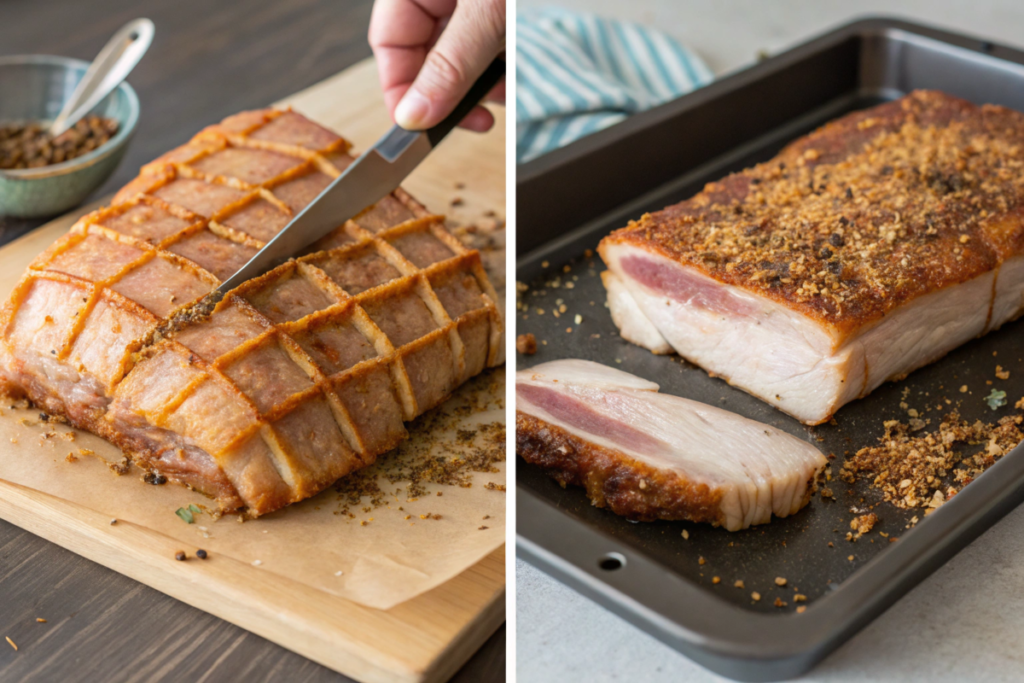 Golden, crispy pork belly slices with crunchy crackling skin, garnished with fresh herbs and served on a wooden cutting board.






