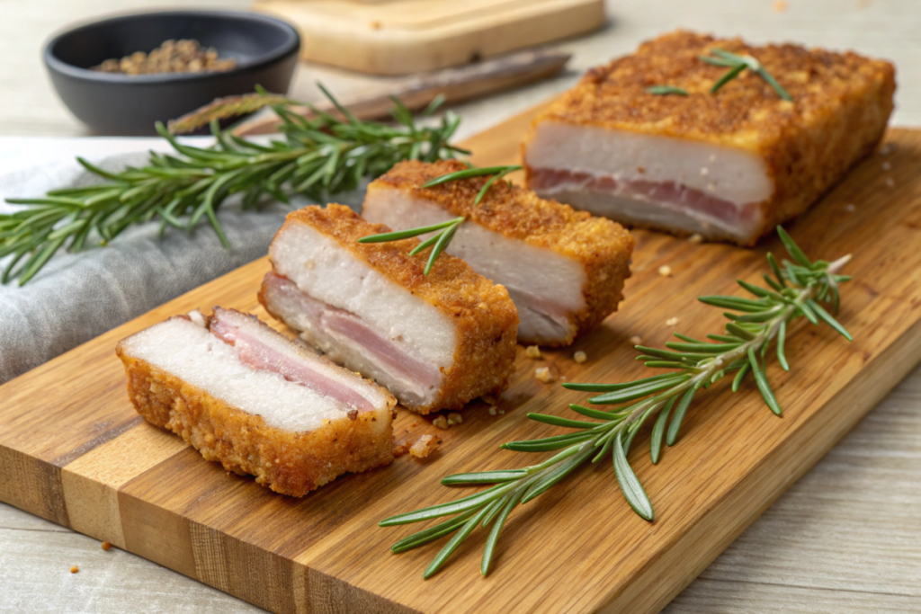 Golden, crispy pork belly slices with crunchy crackling skin, garnished with fresh herbs and served on a wooden cutting board.






