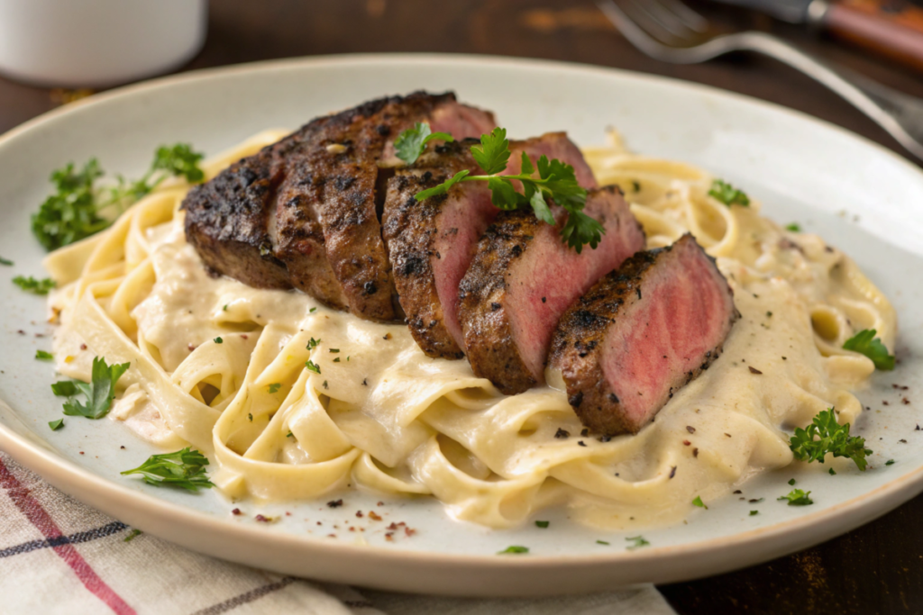 A hearty plate of Spicy Cajun Steak with Creamy Alfredo Pasta, with tender steak slices on creamy fettuccine and garnished with fresh parsley.






