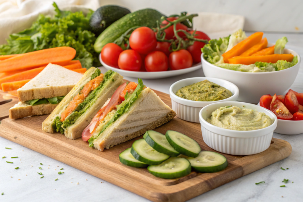 A Colorful Veggie Sandwich layered with fresh lettuce, tomatoes, cucumbers, carrots, and hummus on whole-grain bread, served with a side salad.