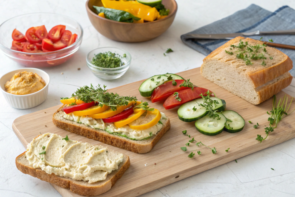 A Colorful Veggie Sandwich layered with fresh lettuce, tomatoes, cucumbers, carrots, and hummus on whole-grain bread, served with a side salad.