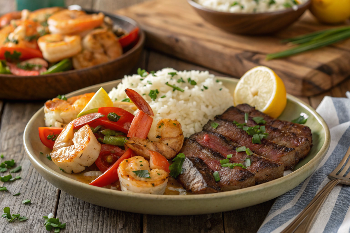 Cajun Shrimp and Steak Feast served with rice and vegetables, garnished with parsley and fresh herbs.