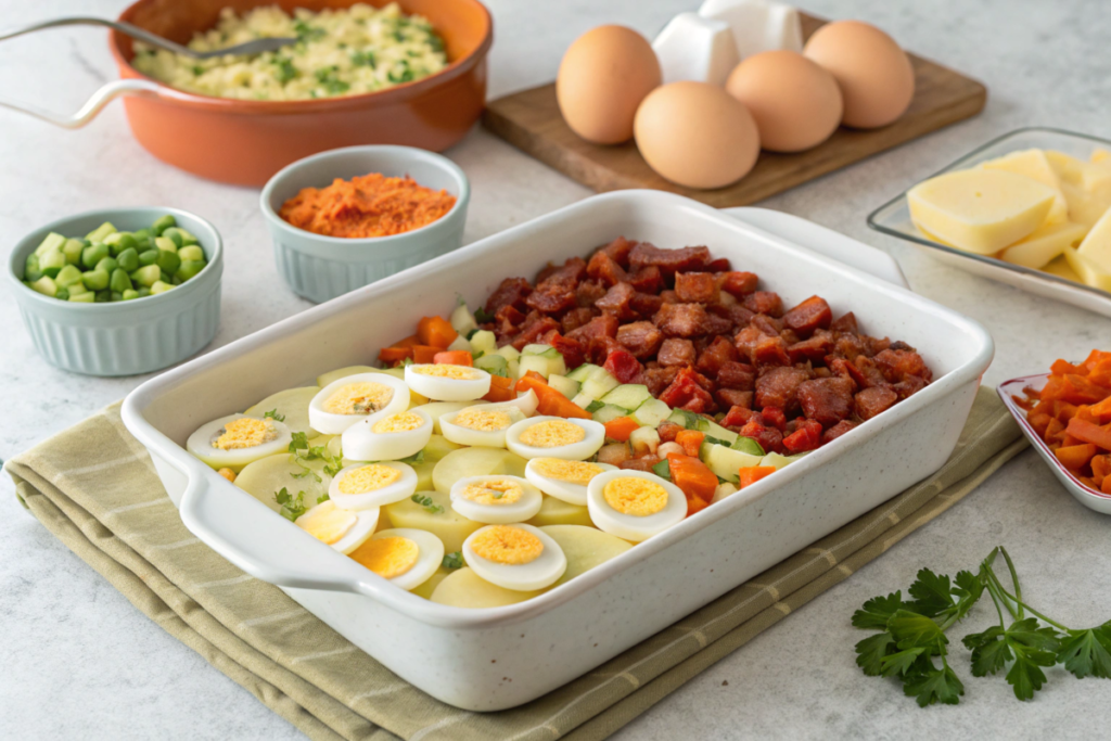 Chorizo Breakfast Casserole with melted cheese, potatoes, and garnished with cilantro, served with avocado slices and salsa.