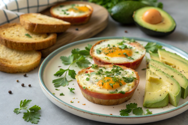 Baked eggs on a tray with golden yolks, sprinkled with cheese and herbs, served alongside avocado toast and salad greens.