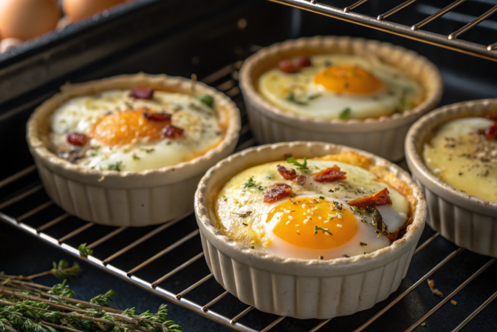  Baked eggs on a tray with golden yolks, sprinkled with cheese and herbs, served alongside avocado toast and salad greens.