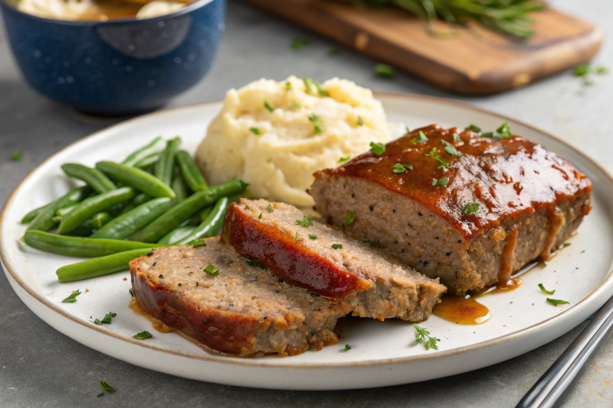 Homemade meatloaf sliced and served with mashed potatoes and green beans, topped with a tangy ketchup glaze.