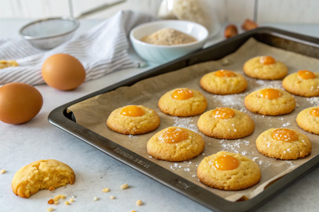  Salted egg yolk cookies on a tray with golden-brown edges, paired with a cup of tea and garnished with sesame seeds.




