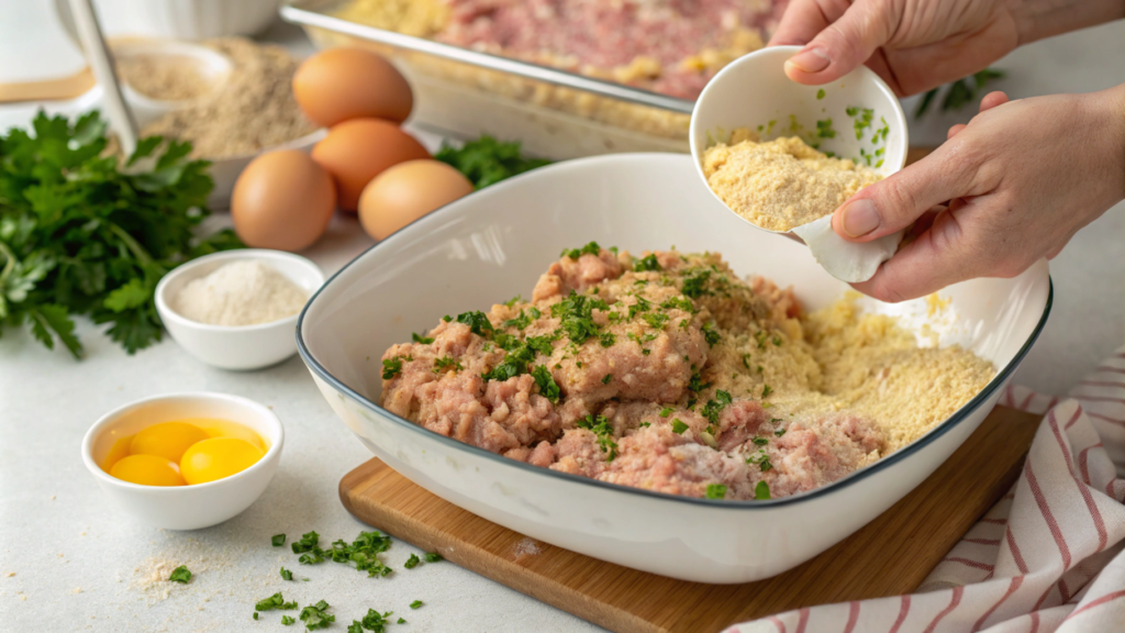 Chicken Cordon Bleu Meatloaf with Marinara Sauce in a loaf pan, layered with ham and cheese, ready for baking.