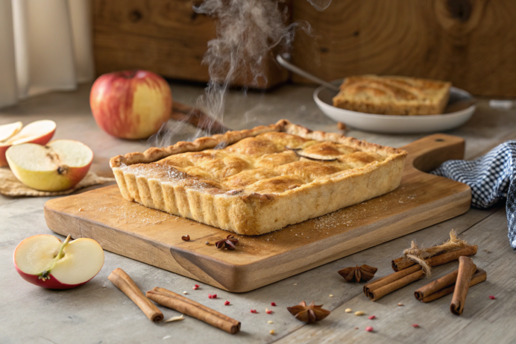 A golden apple slab pie topped with cinnamon and served on a wooden tray alongside whipped cream.