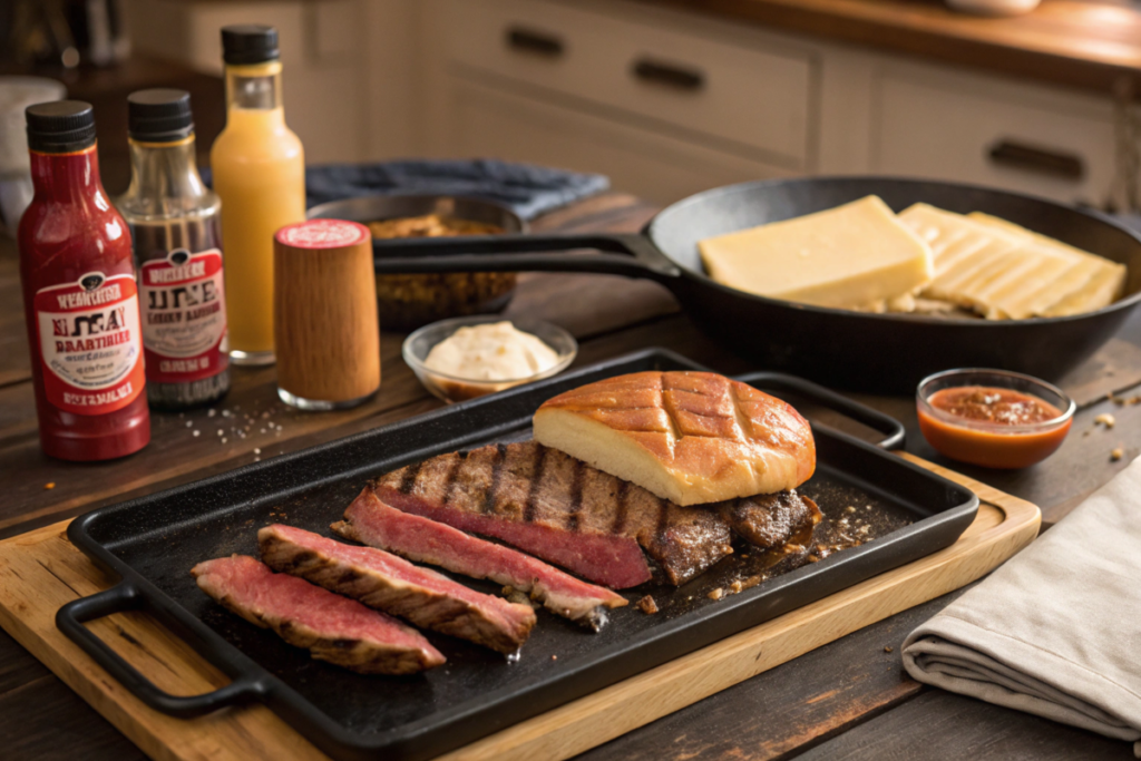 Sauce for Philly cheesesteak featuring a freshly made sandwich with melted cheese and a drizzle of garlic aioli, served on a rustic board.






