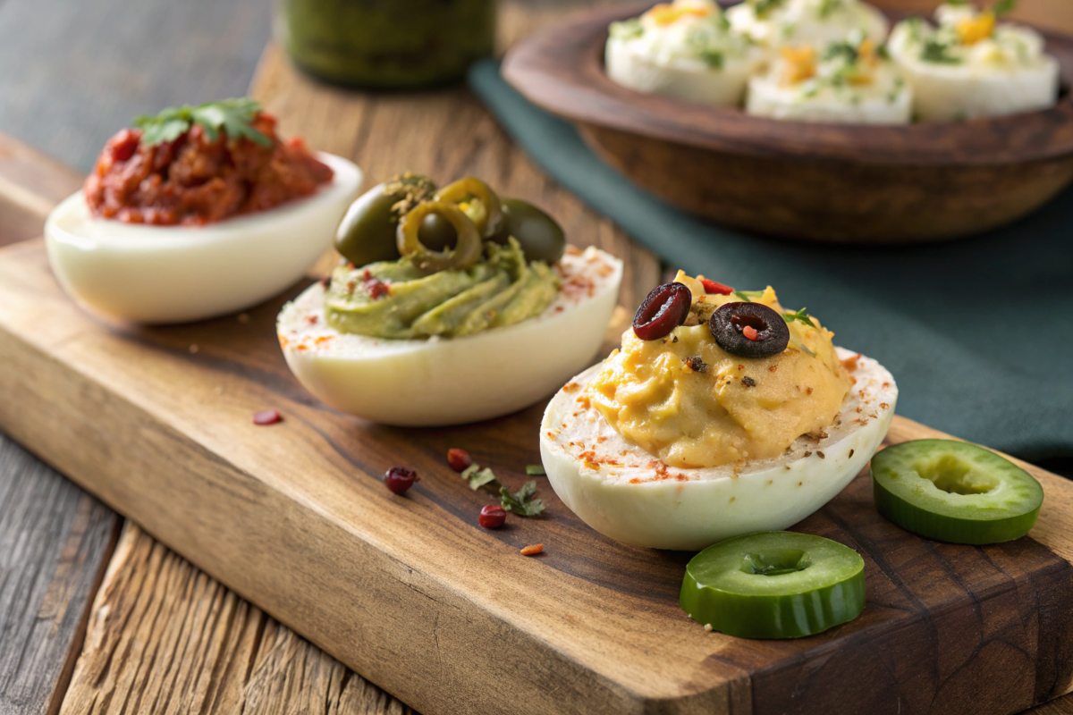 Loaded deviled eggs served on a decorative platter, topped with bacon, cheese, and chives, perfect for appetizers at parties.