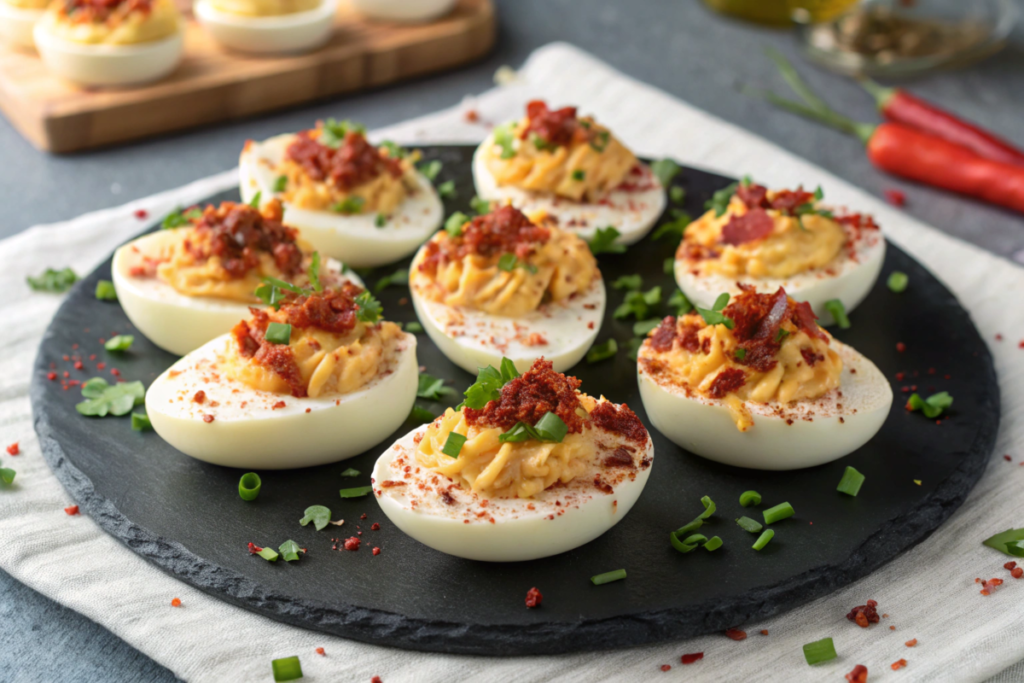 Loaded deviled eggs served on a decorative platter, topped with bacon, cheese, and chives, perfect for appetizers at parties.






