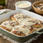 "Chicken Lombardy dish with creamy mushroom sauce and melted cheese, garnished with parsley, served on a white plate for dinner."