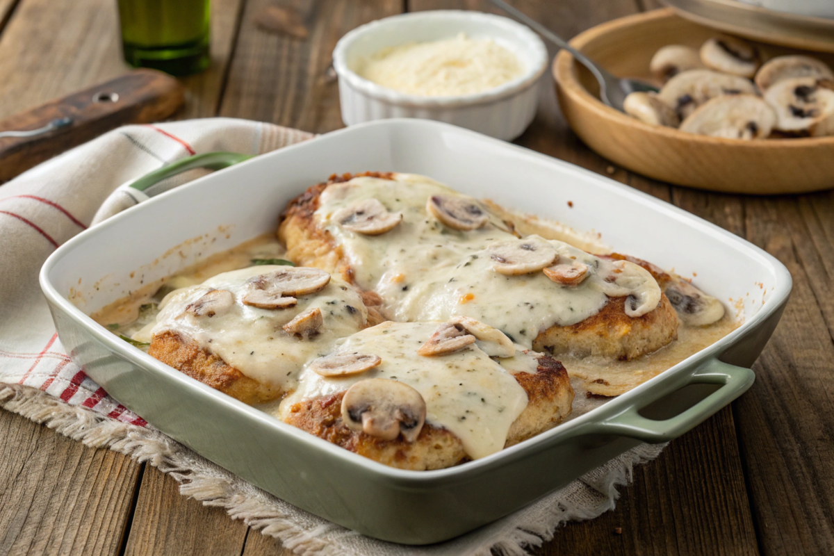 "Chicken Lombardy dish with creamy mushroom sauce and melted cheese, garnished with parsley, served on a white plate for dinner."