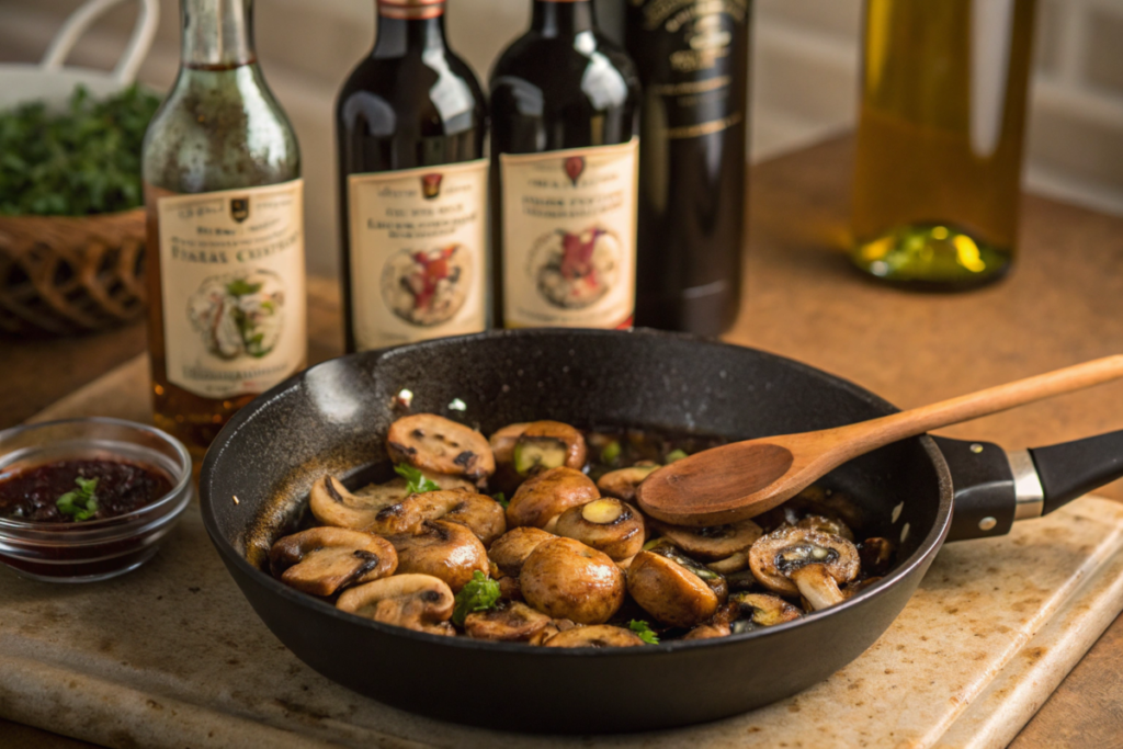 "Chicken Lombardy dish with creamy mushroom sauce and melted cheese, garnished with parsley, served on a white plate for dinner."






