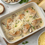 Golden-brown Chicken Lombardy served with creamy mushroom sauce, topped with melted mozzarella and Parmesan cheese, garnished with parsley.