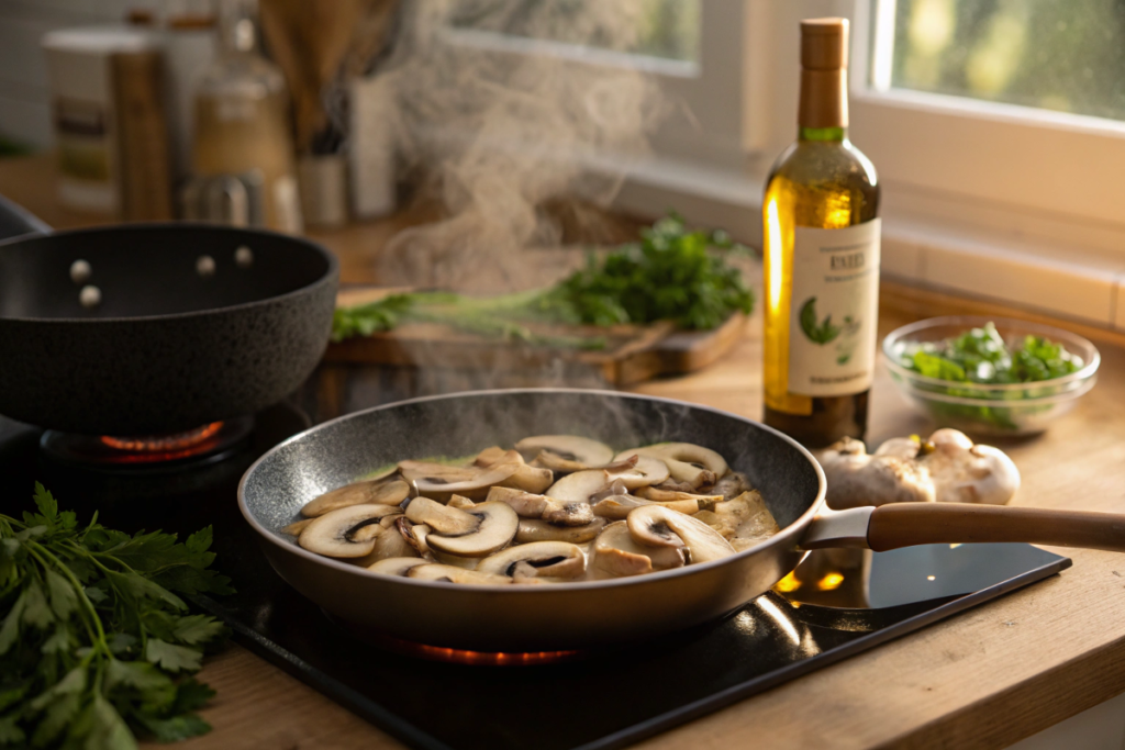 Golden-brown Chicken Lombardy served with creamy mushroom sauce, topped with melted mozzarella and Parmesan cheese, garnished with parsley.