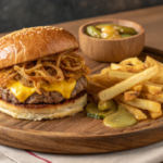 Classic Oklahoma fried onion burger with thinly sliced caramelized onions, melted cheese, and a toasted bun, served on a wooden plate.