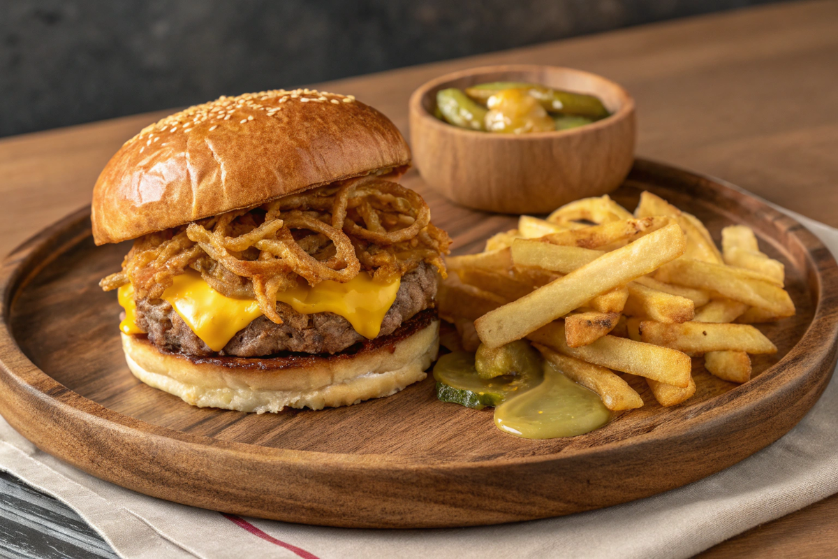 Classic Oklahoma fried onion burger with thinly sliced caramelized onions, melted cheese, and a toasted bun, served on a wooden plate.