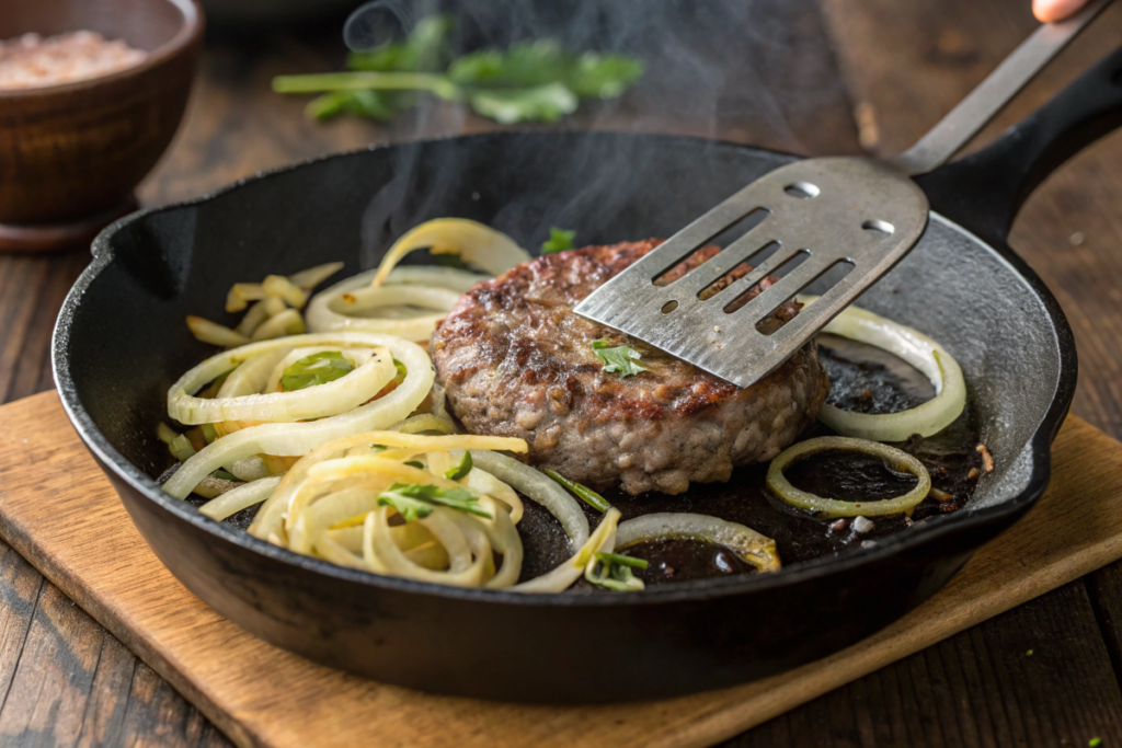 Classic Oklahoma fried onion burger with thinly sliced caramelized onions, melted cheese, and a toasted bun, served on a wooden plate.