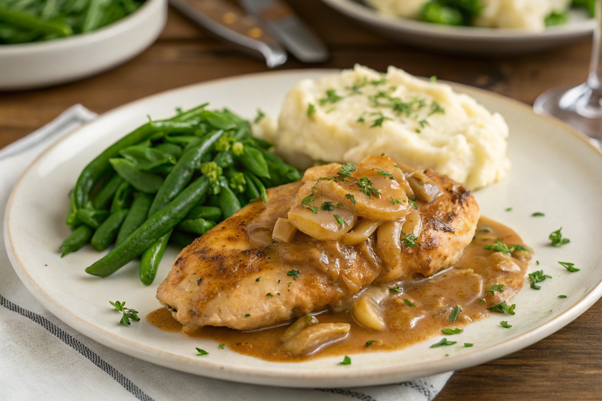 "Craig Claiborne’s Smothered Chicken served with rich onion gravy, garnished with parsley, alongside mashed potatoes and green beans."